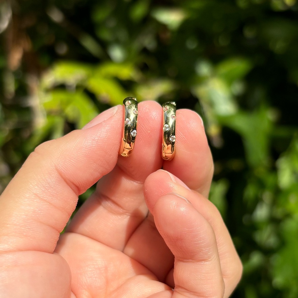 18K Gold Plated Stainless Steel Dainty Diamond Hoop Earrings - Picture 5 of 6